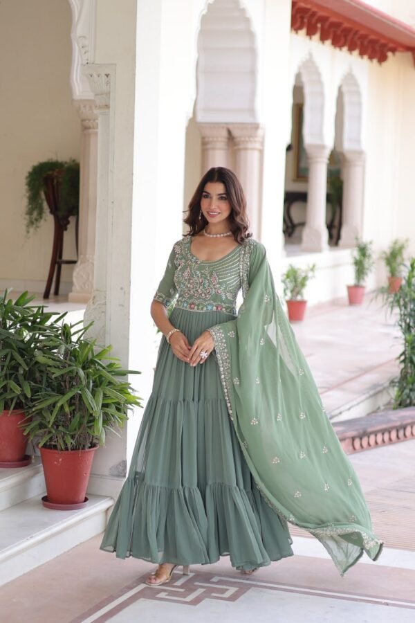 Faux Blooming With Sequins Multithreaded Beads Embroidered work Gown