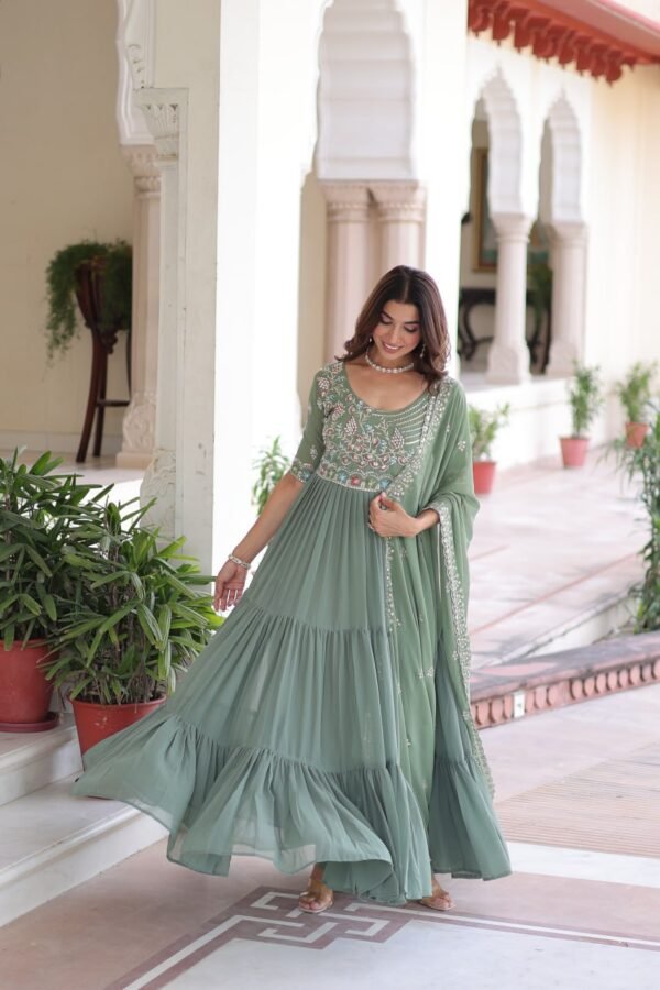 Faux Blooming With Sequins Multithreaded Beads Embroidered work Gown