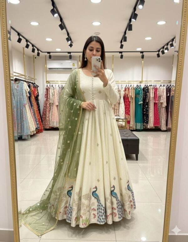 Pure Dola Silk With Molty Nidal Embroidery Work Gown