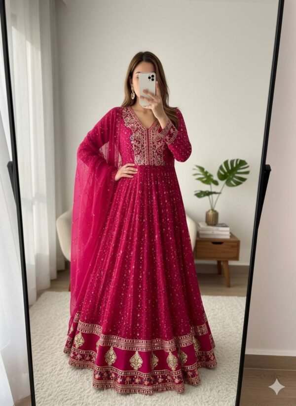 Pure Georgette With Heavy Embroidery 3mm Sequence Work Gown